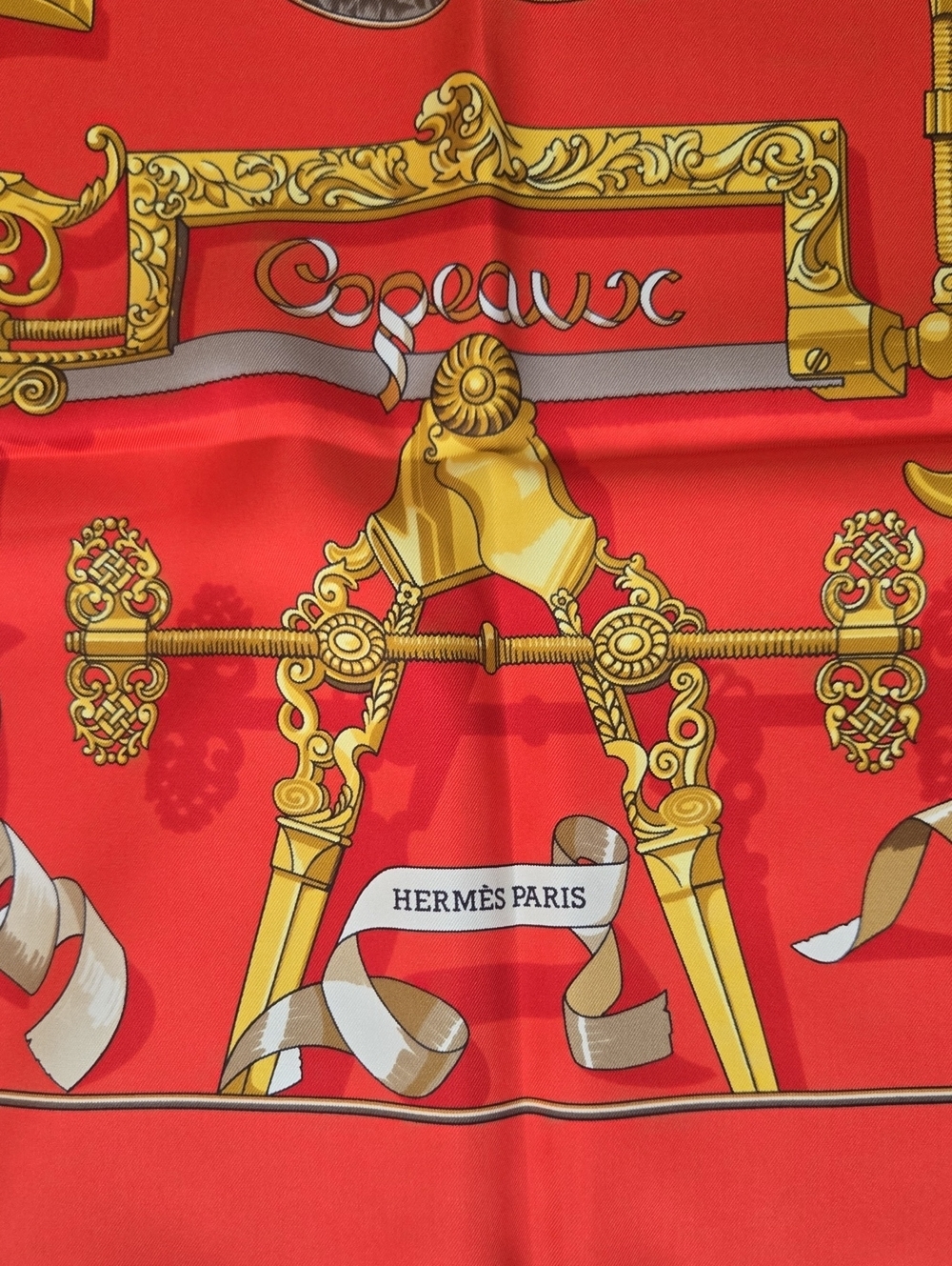 Hermes Red Silk Scarf with Gold Baroque Motif, VGUC, Comes With Box - Picture 5 of 7